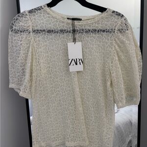 Zara Cream Lace Puff-Sleeve Blouse